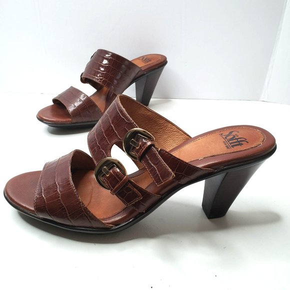 Sofft Shoes - Sofft Heeled Mule Sandal Sz 9.5 Brown Leather Croc Embossed Slip On Buckle Heel